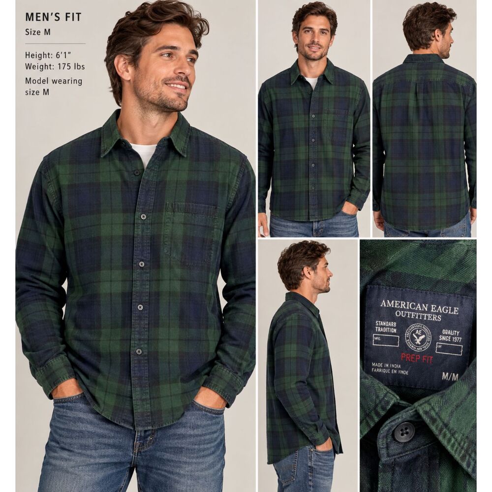 American Eagle Prep Fit Men's M Blackwatch Plaid Button Down Shirt Green Navy